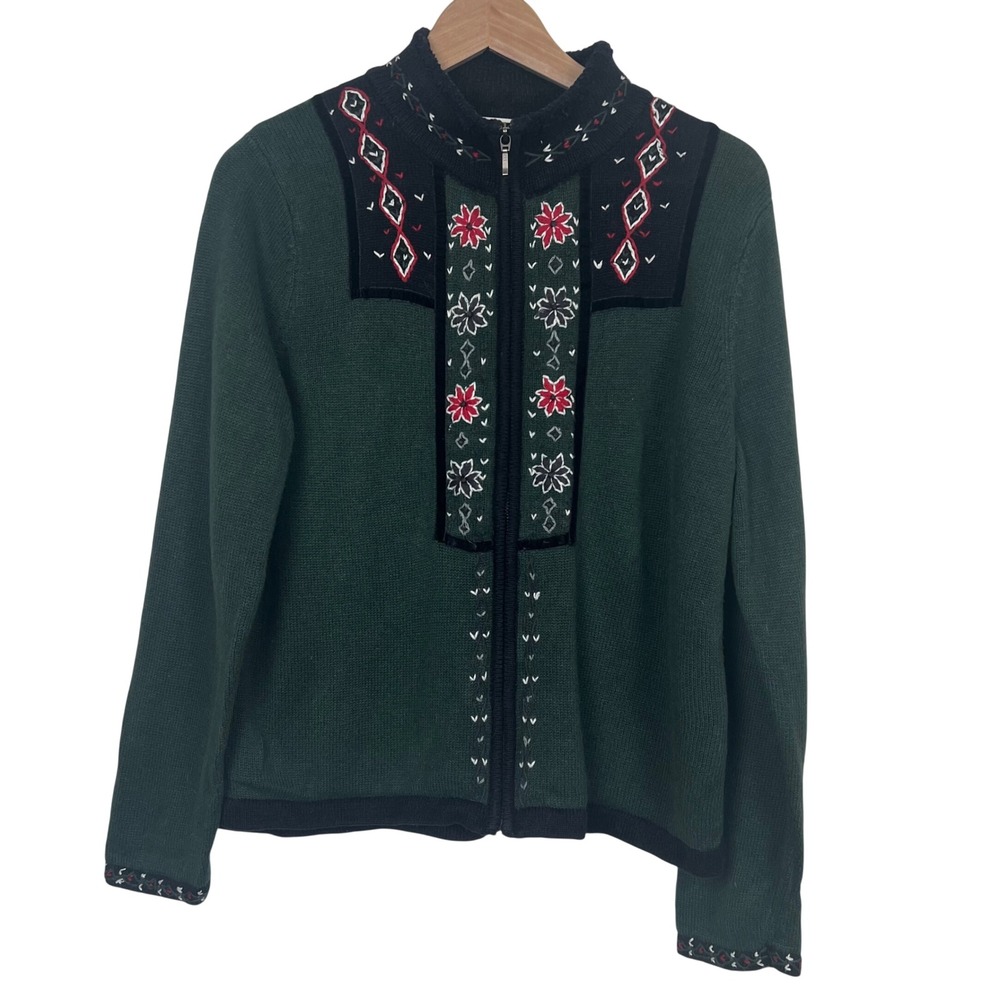 Christopher & Banks Womens Nordic Hand Embroidered Zip Cardigan Sweater Sz Large
